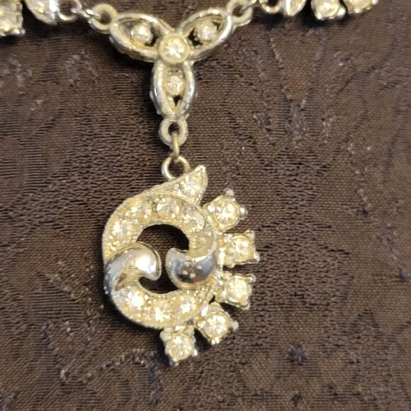 Vintage Rhinestone Crescent Pendant Necklace With Adjustable Chain - Picture 2 of 4